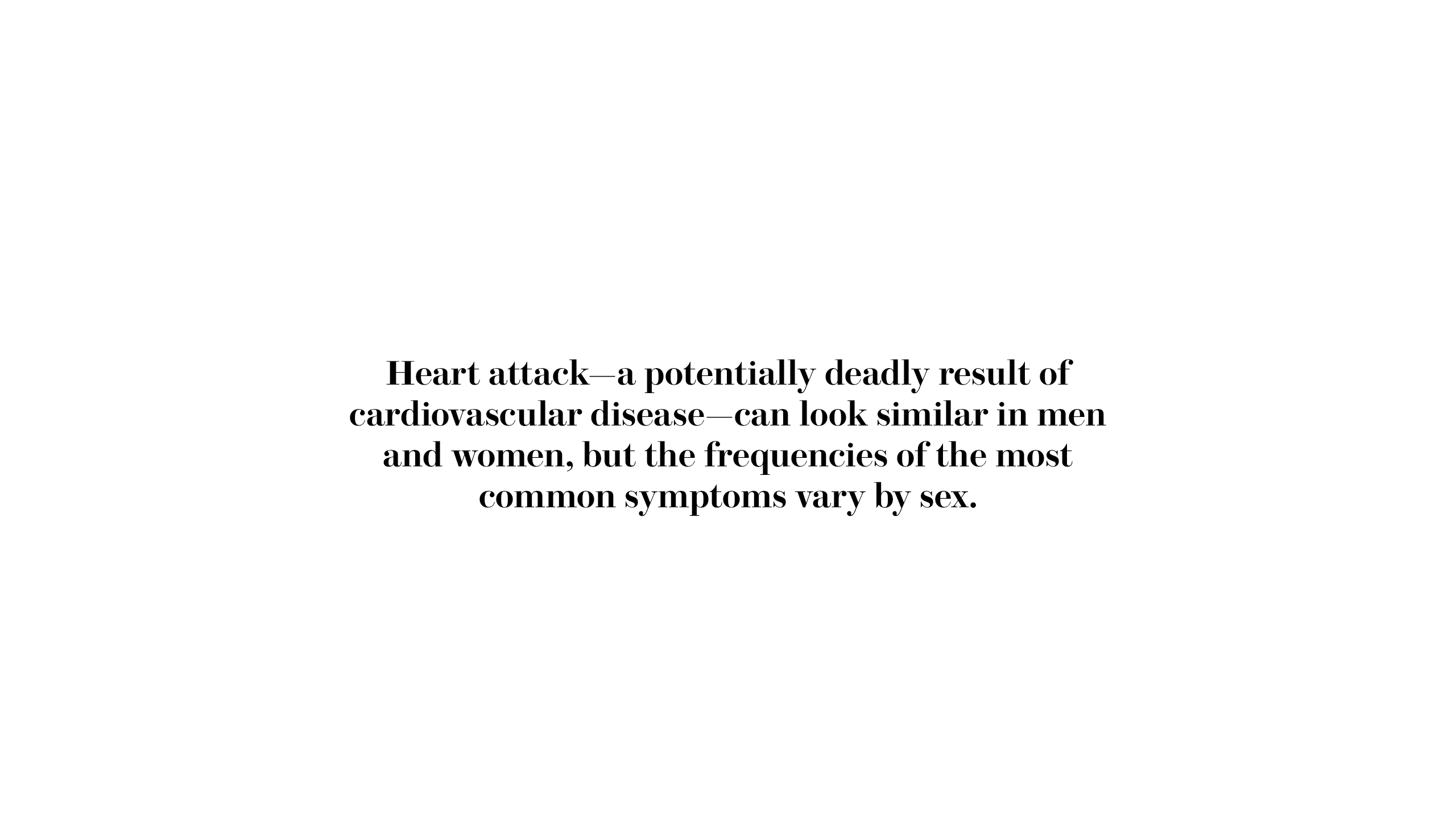Heart attack–a potentially deadly result of cardiovascular disease–can look similar in men and women, but the frequencies of the most common symptoms vary by sex.