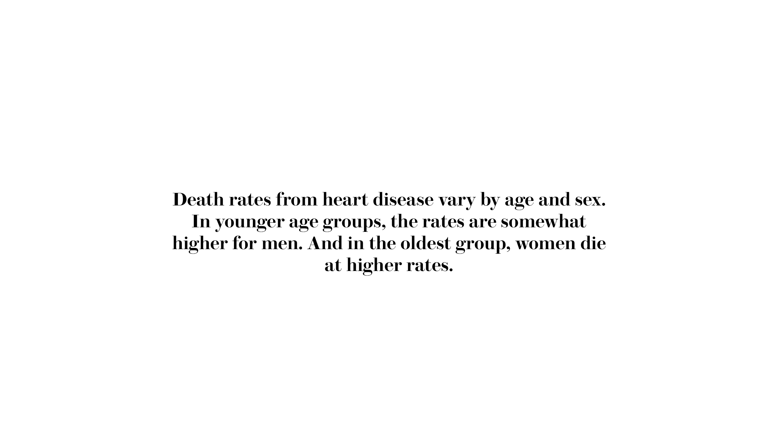 Death rates from heart disease vary by age and sex. In younger age groups, the rates are somewhat higher for men. And in the oldest group, women die at higher rates.